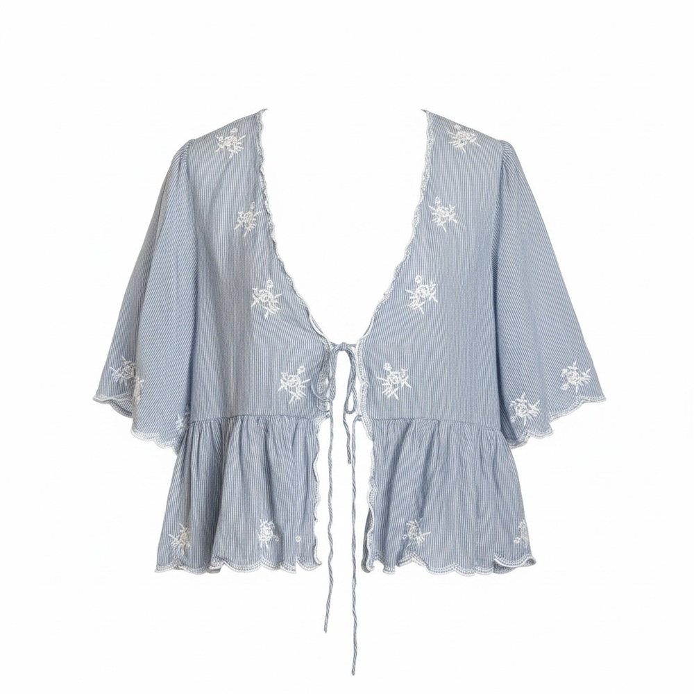 American Eagle Women’s Blue White Striped Embroidered Tie Front Top Size XL Boho